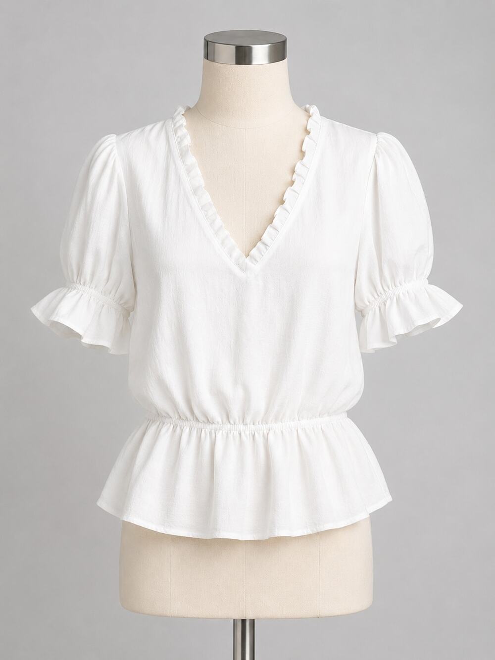 Topshop White Peplum Ruffle Blouse Puff Sleeve - Size 2 - Cottagecore